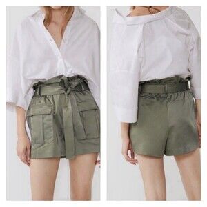 Zara Satin Cargo Shorts Women Large Green High Waist Spring Summer Vacation Chic
